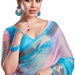 Women's Organza Printed Zari Woven Jacquard Zari Stripe Saree with Unstitched Blouse Piece-image-20