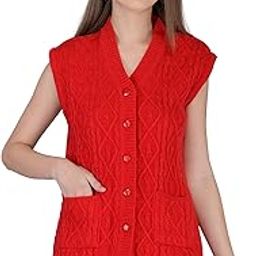 Women Woolen Cardigan Sleeveless Self Design Cardigan Rainbow Fabric Winter Wear Pure Wool Cardigan 100% Rainbow Wool Free Size Cotty Fully Warm with Front Pockets (XXL, RED)-picture-13