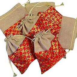 KRIWIN Decorative Potli Gift Bags, Red Floral Print with Beige Jute, 23 x 18 cm, Pack of 10, 500g Capacity-image-3