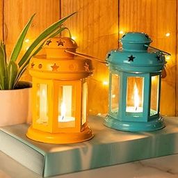 Kaameri Bazaar Tealight Holder Hanging Lantern(6 InchX3.7 Inch)|Tealight Glass Holder|Home Decor Gift Items|Anniversary Birthday Decoration Items Blue-image-24