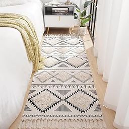 ALSTONIA Hand Woven Tufted 100% Natural Cotton Export Quality Designer Rug,Carpet, Bed Side Runner for Bedroom,Living Room, Size-2x5 feet or 60 cms x 152 cms (White & Black)-image-1