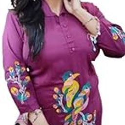Women's Embroidered Bird Pattern Polo Top, Purple, Long Sleeve, Casual Style-image-70