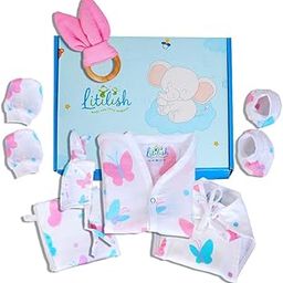 Litilish Newborn Baby Gift Set – Swaddle, Jhabla, Nappy, Washcloths, Booties, Cap, Mittens & Wooden Ring Teether | Soft & Safe Essentials for Newborns (Butterfly Print)-image-12