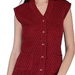 Women Woolen Cardigan Sleeveless Self Design Cardigan Rainbow Fabric Winter Wear Pure Wool Cardigan 100% Rainbow Wool Free Size Cotty Fully Warm with Front Pockets (XL, Maroon)-image-32