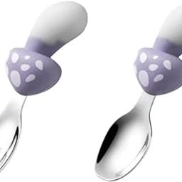 Monkhood Toddler Utensils, Toddler Forks and Spoons, Baby Spoons Self Feeding, Stainless Steel Baby Silverware with BPA Free Silicone Easy Grip, 8 Months+, Mushroom Design, Storage Case (Purple)-picture-14