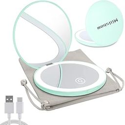 Milishow Lighted Compact Makeup Mirror,1x/10x Magnifying Rechargeable Mirror,3.5in Pocket Mirror, Dimmable Travel Mirror for Purse,Pocket,Handbag,Handheld 2-Sided Folding Mirror (Cyan 1Pack)-image-7
