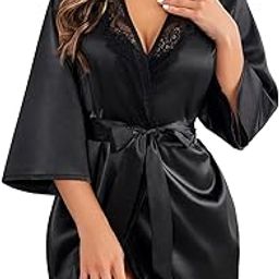 Women's Babydoll Lingerie Lace Kimono Robe Short Satin Pure Silky Robes Nightgown 3/4 Sleeves for Bridal Honeymoon Night Suit and Wedding Nightwear-image-36