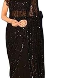Women's Georgette Sequined Saree with Banglory Silk Blouse, Black - Sarees For Women-image-4