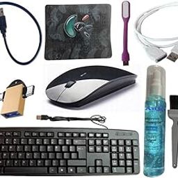 Anjo 8 in 1 Combo Of Wired Keyboard, Wireless Mouse with USB Nano Receiver, Anti-Skid Mouse Pad, USB Hub 3.0, 3 in 1 Cleaning Kit 100ml, OTG 2 in 1 Micro & C to A Type, Extension Cable 1.5m, USB Light-17