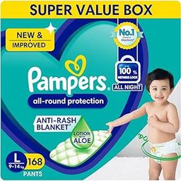 Pampers Complete Skin Comfort Pants, Anti-rash blanket, Lotion with Vitamin E & Aloe Vera, Large size baby diapers (LG) 168 Count, 9-14 kg-24