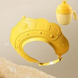 TOMATUS® Baby Kids Shower Cap and Cup Set, Silicone Adjustable Shampoo Bathing Hat Hair Protection Set for Toddler, Baby, Kid, Children, Pack Of 2, Yellow-38