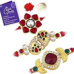 Sukkhi Gold Plated Rakhi Combo Set of 3 with Roli Chawal and Greeting Card-picture-26