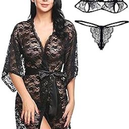 Women Net Babydoll Nightwear Robe Nightgown with Bikini Set S-3XL-image-118