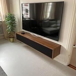 Floating TV Stand with Sound Bar Shelf, Modern Wall-Mounted Media Console, Walnut and Black-picture-16