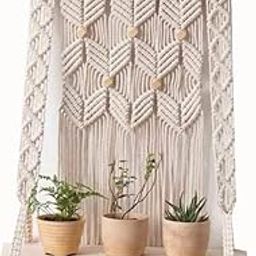 LOVE N BEYOND Lilac Macrame Plant Hangers Indoor Outdoor Wall Planter Decorative Flower Pot Holder Boho Home Decor, with Real Wood Shelve (White).-image-5