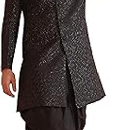 Men's Indo-Western Sherwani Dhoti Set, Shinny Black Jacquard, Woven Regular Fit Mandarin Collar Long Sleeves-33