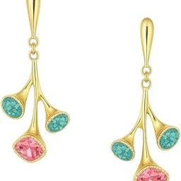 Gold-Plated Drop Earrings, Turquoise and Pink Crystal Floral Design, Dangle Style-13