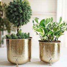 BEHOMA Metal Hammered Planter for Home Decor | Decoratives for Indoor Outdoor Balcony Living Room | Table Decorative Plant Pot for Gifting | Golden (Set of 2) (Large & Small) (Plant not Included)-11