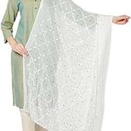 Women's White Embroidered Chiffon Dupatta with Mirror Work-1