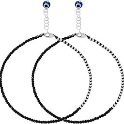 925 Sterling Silver Designer Evil Eye Rhodium Plated Adjustable Beaded Anklet (Pair) | Gift for Women & Girls | With Certificate of Authenticity & 925 Hallmark-16