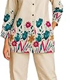 Women's Floral Print Cotton Loungewear Set, 3/4 Sleeve Button-Down Top with Pants, Cream with Brown Tulip Design-image-93