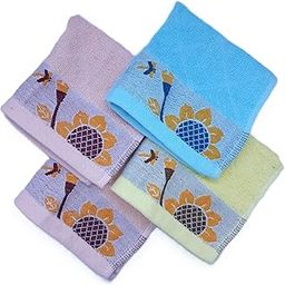 Decorative Cotton Handkerchief Set, Pack of 4, Sunflower Design, Soft Quick-Dry Towels in Purple, Blue and Green-44