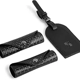 eume Luggage Accessory Kit for Luggage| Premium Vegan Leather | 1 Luggage Tag and 2 Handle Cover Comes with Vegan Leather Sling Pouch - Black-picture-42
