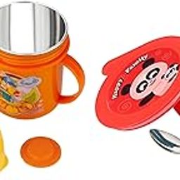 Nabhya Linex 380ml Stainless Steel Multipurpose Air Tight Baby Feeding Bowl with 250ml Stainless Steel Plastic Spout Sipper Cup for Kids (Red & Orange)-15