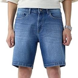 Denim Shorts: Midnight Blue Men and Boys Buttoned Solid Knee Length Cotton Blend Denim Shorts-image-36