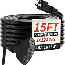 PlugSaf - 12/3 gauge outdoor extension cord, 15 ft flexible extension cord, weather resistant, waterproof, black, 15A, 1875W, 12AWG, SJTW,-image-76