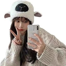 Women hat Beanie Winter Knit Wool Windproof Cute Lamb Animal with Ear Design hat for Autumn Winter (Above 15 Year)-6