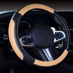 SHIAWASENA Microfiber Leather Car Steering Wheel Cover, Fashion Stitching, Universal 15 Inch Fit, Non-Slip (Black&Beige)-image-54