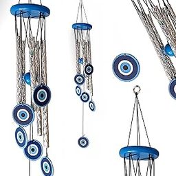 Synlark Evil Eye Wooden 5 Pipes Positive Energy feng Shui Wind Chimes for Home Decoration 29inch (5 Pipe Evil Eye)-image-1