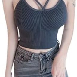 Front Criss Cross v Neck Crop Tank top for Girl's Womens's with Removable Pads Free Size Best fits for (28 to 34) Bust Size (Grey)-20