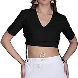 the blazze B4048 Women's Cotton Plunge V Neck Half Sleeves Adjustable Drawstring Crop Top Readymade Saree Blouse for Women-picture-1