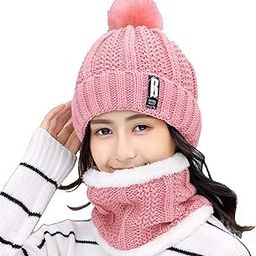 Women's Winter Hat Solid Plus Thicken Warm Beanie Hat and Muffler Scarf Two-Piece Knit Cap Set for Women Girl-image-86