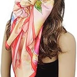 Satin Silk Scarf for Women Lightweight Fashion Scarves, Wrap in Floral Pattern for Spring Fall Summer (Yellow and Red), Female-image-1
