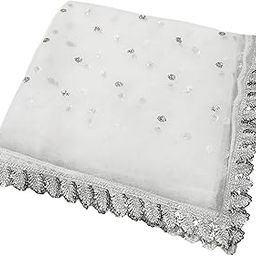 Wedding Bridal White Sequence Net Dupatta With Silver Border (Leaf Design) 2.25m-image-52