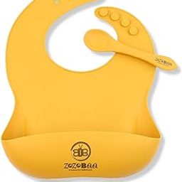 ZoZoBaa Silicone Baby Bib with Easy Grip Spoon For Feeding Toddlers|Waterproof & Reusable Bib with button for Infants |Soft, Light Weight, BPA Free, 2 Set, Mango Yellow-2