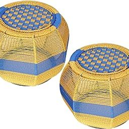 Lavanya Enterprises Rajasthani Traditional Handmade Bamboo Mudda for Living Room, Balcony (13X14 in) | Set of 2 Iron Bar Sitting Stool/Chair for Outdoor/Indoor Furnishing (Gold and Blue)-image-17