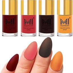 MI FASHION High Pigment Velvet Matte Nail Paint Set-4 Effortless Matte Top Color Red, Light Peach, Dark Brown And Saffron Orange 9.9ml Each-image-98