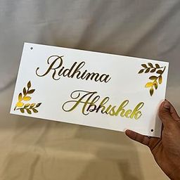 Qalb Acrylic Personalized Name Plate for Home Entrance With Embossed Letters and Mirror Shine (12 X 6 Inches, White & Gold)-image-54