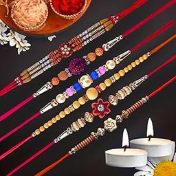 DRYPHON Combo 6 Pack Rakhi for Brother, Bhaiya, Bhai, Bhabhi | Premium Mauli Thread Rakhi Set with Roli Chawal Tilak Set | Rakhi Bracelet for Brother and Bhabhi with Tealight Candle for Aarti (RK601)-image-53