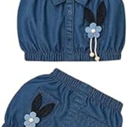 Baby Girl Denim Tank Top and Bloomer Set with Bow and Flower Applique, Blue-image-4