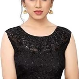 Women's Round Neck Readymade Silk Embroided Sleeveless Padded Saree Blouse with Elegant Design | Stylish Comfortable Fancy Blouse for Lehanga/Saree (Free Size)(Black)-picture-6