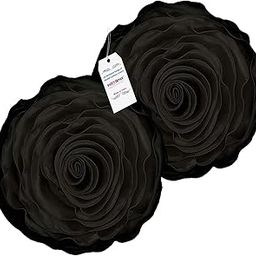 indoAmor Rose Design Super Satin Round Cushion Covers, 16x16 Inches (Black) - Set of 2-29