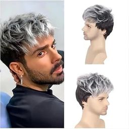 Men Wig Synthetic Hair Silver-Gray Color of Front With Top & Dark Brown Color from Back and Sides Men’s Two-Tone Synthetic Hair Wig Wavy on Top, Straight at Back Free Size Elastic Cap with Inner Hooks for Comfortable Fit – Stylish Fiber Wig for Men-image-33