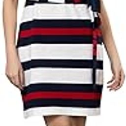 Striped Polo Tunic Dress, Short Sleeve with Side-Tie Belt, Knee Length, Navy Blue White Red-image-28