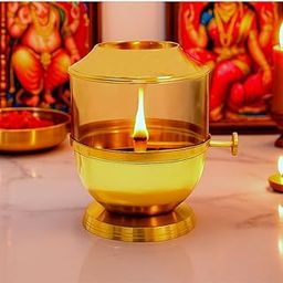 Heaven Decor Pure Brass Akhand Jot Deep Diya with Adjustable Bati Knob, Wick Lifting Screw Lever, Glass Cover (Large Size, 250 ml Oil Capacity, Stay Lit for 48 Hours, Wick Included)-image-99