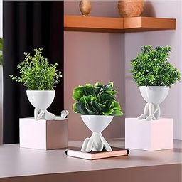 Kuber Industries 3 Pcs Set Plastic Mini Artificial Plants with Pot | Table Top & TV Unit Decorative Items for Living Room | Faux Plants for Home Decor & Office Desk | Man Shape - White-10